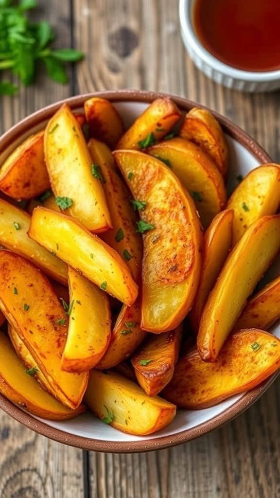 Crispy Air Fryer Yukon Gold Potatoes Recipe Crispy Yukon Gold potato wedges from the air fryer, garnished with herbs, served in a bowl on a wooden table.